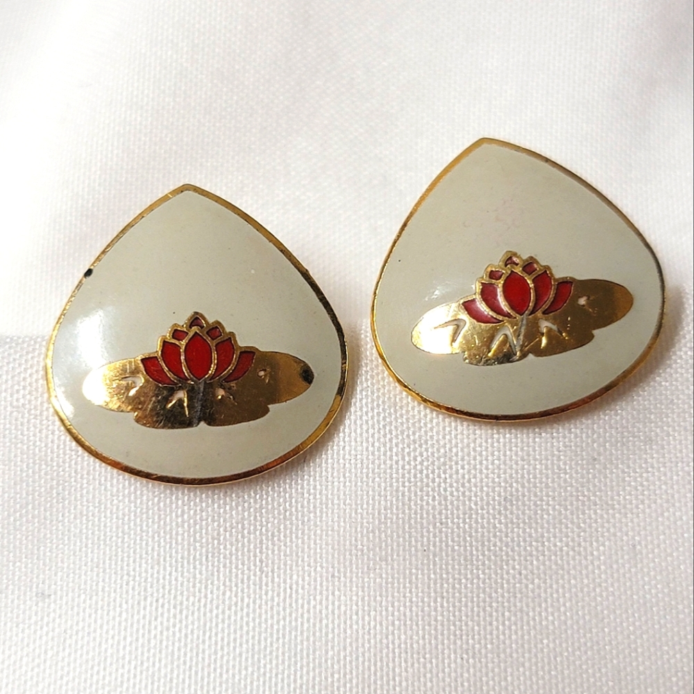 Vintage Genuine Cloisonne Earrings Water Lily Lotus Flower Gold Filled